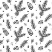 Hand drawn Christmas seamless pattern with fir tree branches and cones isolated on white background. Vector illustration in sketch style