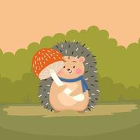 Cute Hedgehog Hugging Big Mushroom vector