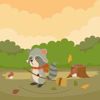 Cute Cartoon Raccoon Sweeping Leaves vector