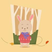 conejo de dibujos animados lindo con suéter en el bosque vector