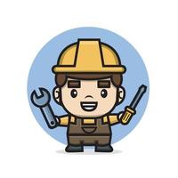 Cute characters builder holding screwdriver and wrench vector