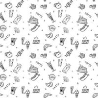 Seamless cafe vector pattern. Doodle vector with cafe icons on white background. Vintage coffe shop icons,sweet elements background for your project, menu, cafe shop.