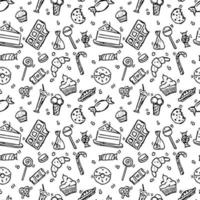 Seamless vector pattern with sweet food. Doodle vector with sweet food icons on white background. Vintage sweets pattern, sweet elements background for your project, menu, cafe shop.