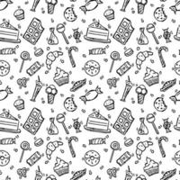 Seamless vector pattern with sweet food. Doodle vector with sweet food icons on white background. Vintage sweets pattern, sweet elements background for your project, menu, cafe shop.
