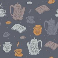 Hygge hand drawn seamless pattern with teapots, cups, books and sweets vector