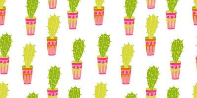 Seamless pattern with cactuses in colorful pots vector