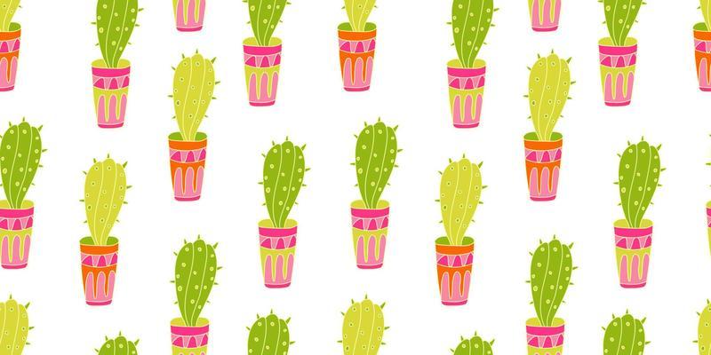 Seamless pattern with cactuses in colorful pots