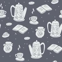 Hygge hand drawn seamless pattern with teapots and sweets on grey vector