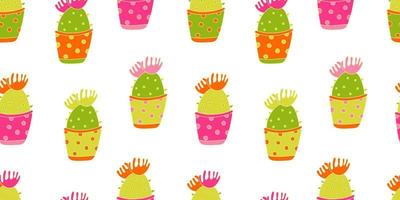 Seamless pattern with cactuses in bright colorful pots vector