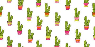 Seamless pattern with cactuses in bright pots vector