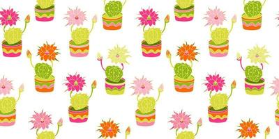 Seamless pattern with bright potted cactuses color doodle illustration vector