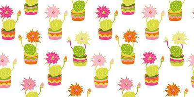 Seamless pattern with bright potted cactuses color doodle illustration vector