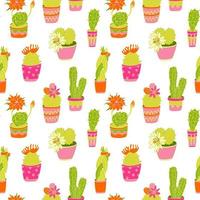 Seamless pattern with cactuses succulent plant in bright colorful pots vector