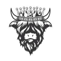 Highland cow King with crown head design on white background. Farm Animal. Cows logos or icons. vector illustration.
