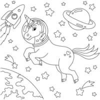 Astronaut unicorn travels in outer space. Coloring book page for kids. Cartoon style character. Vector illustration isolated on white background.