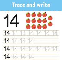 Trace and write. Handwriting practice. Learning numbers for kids. Education developing worksheet. Activity page. Game for toddlers and preschoolers. Isolated vector illustration in cute cartoon style.