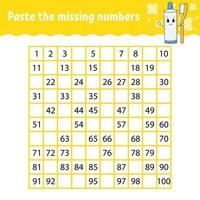 Paste the missing numbers. Handwriting practice. Learning numbers for kids. Education developing worksheet. Activity page. Game for children. Isolated vector illustration in cute cartoon style.