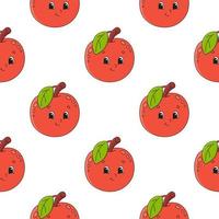 Happy apple. Colored seamless pattern with cute cartoon character. Simple flat vector illustration isolated on white background. Design wallpaper, fabric, wrapping paper, covers, websites.