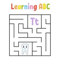 Square maze. Game for kids. Quadrate labyrinth. Education worksheet. Activity page. Learning alphabet. Cute cartoon style. Find the right way. Logical conundrum. Color vector illustration.