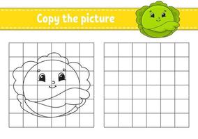 Copy the picture. Coloring book pages for kids. Education developing worksheet. Game for children. Handwriting practice. Funny character. Cute cartoon vector illustration.