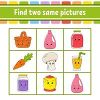 Find two same pictures. Task for kids. Education developing worksheet. Activity page. Game for children. Funny character. Isolated vector illustration. Cartoon style.