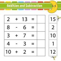 Addition and subtraction. Task for kids. Education developing worksheet. Activity page. Game for children. Funny character. Isolated vector illustration. Cartoon style.