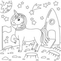 Astronaut unicorn landed on another planet. Coloring book page for kids. Cartoon style character. Vector illustration isolated on white background.