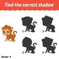 Find the correct shadow. Education developing worksheet. Matching game for kids. Activity page. Puzzle for children. Riddle for preschool. Cute character. Isolated vector illustration. Cartoon style.