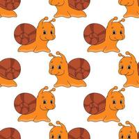 Happy snail. Colored seamless pattern with cute cartoon character. Simple flat vector illustration isolated on white background. Design wallpaper, fabric, wrapping paper, covers, websites.