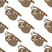 Happy sloth. Colored seamless pattern with cute cartoon character. Simple flat vector illustration isolated on white background. Design wallpaper, fabric, wrapping paper, covers, websites.