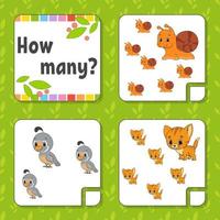 Counting game for children. Happy characters. Learning mathematics. How many object in the picture. Education worksheet. With space for answers. Isolated vector illustration in cute cartoon style.