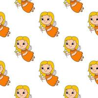 Happy fairy. Colored seamless pattern with cute cartoon character. Simple flat vector illustration isolated on white background. Design wallpaper, fabric, wrapping paper, covers, websites.