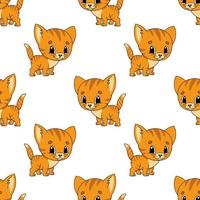 Happy kitten. Colored seamless pattern with cute cartoon character. Simple flat vector illustration isolated on white background. Design wallpaper, fabric, wrapping paper, covers, websites.