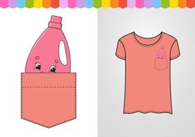 Pink cleanser in shirt pocket. Cute character. Colorful vector illustration. Cartoon style. Isolated on white background. Design element. Template for your shirts, books, stickers, cards, posters.