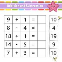 Addition and subtraction. Task for kids. Education developing worksheet. Activity page. Game for children. Funny character. Isolated vector illustration. Cartoon style.