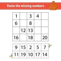 Paste the missing numbers. Handwriting practice. Learning numbers for kids. Education developing worksheet. Activity page. Game for children. Isolated vector illustration in cute cartoon style.