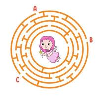 Circle maze. Game for kids. Puzzle for children. Round labyrinth conundrum. Color vector illustration. Find the right path. The development of logical and spatial thinking. Education worksheet.