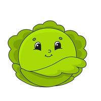 Green cabbage.. Cute flat vector illustration in childish cartoon style. Funny character. Isolated on white background.