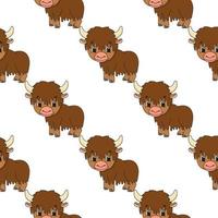 Happy yak. Colored seamless pattern with cute cartoon character. Simple flat vector illustration isolated on white background. Design wallpaper, fabric, wrapping paper, covers, websites.