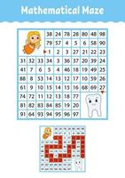 Mathematical maze. Game for kids. Funny labyrinth. Education developing worksheet. Activity page. Puzzle for children. Cartoon style. Riddle for preschool. Color vector illustration