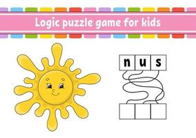 Logic puzzle game. Learning words for kids. Find the hidden name. Education developing worksheet. Activity page for study English. Game for children. Isolated vector illustration. Cartoon style.