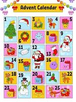 Christmas advent calendar with cute characters. Santa claus, deer, snowman, fir tree, snowflake, gift, bauble, sock. Cartoon style. With numbers 1 to 25. Vector illustration. Holiday preparation.