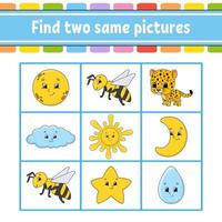 Find two same pictures. Task for kids. Education developing worksheet. Activity page. Game for children. Funny character. Isolated vector illustration. Cartoon style.