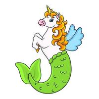 lindo unicornio sirena. caballo de hadas mágico. personaje animado. ilustración vectorial colorida. aislado sobre fondo blanco. elemento de diseño. plantilla para su diseño, libros, pegatinas, tarjetas. vector