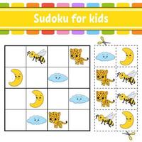 sudoku para niños. hoja de trabajo de desarrollo educativo. página de actividades con imágenes. juego de rompecabezas para niños. entrenamiento del pensamiento lógico. ilustración vectorial aislada. personaje divertido. estilo de dibujos animados. vector