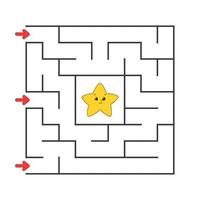 Funny square maze. Game for kids. Puzzle for children. Cartoon style. Labyrinth conundrum. Color vector illustration. Find the right path. The development of logical and spatial thinking.