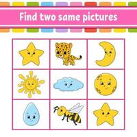 Find two same pictures. Task for kids. Education developing worksheet. Activity page. Game for children. Funny character. Isolated vector illustration. Cartoon style.