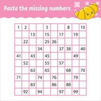 Paste the missing numbers from 1 to 100. Handwriting practice. Learning numbers for kids. Education developing worksheet. Activity page. Game for children. vector