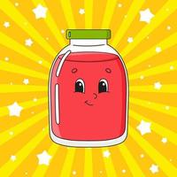 Glass jar with juice. Cute character. Colorful vector illustration. Cartoon style. Isolated on color background. Design element. Template for your design, books, stickers, cards, posters, clothes.