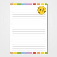 Sheet template for notebook, notepad, diary. Funny character. Isolated vector illustration. Cartoon style.